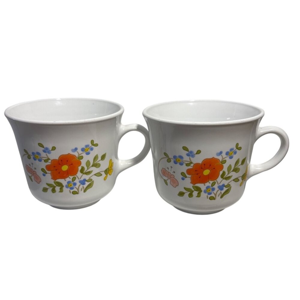 Corelle Corning Mugs Wildflower Poppy Design Coffee Tea Cups Vintage Set Of 2